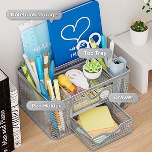 Marbrasse Mesh Desk Organizer with 2 Drawers, Pencil Holder 5 Slots – Silver